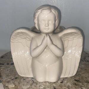 MID CENTURY White Ivory Glazed Ceramic Kneeling Praying Cherub Angel Planter Pot